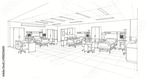 Detailed architectural sketch of a modern hospital ward with multiple patient beds and medical equipment.