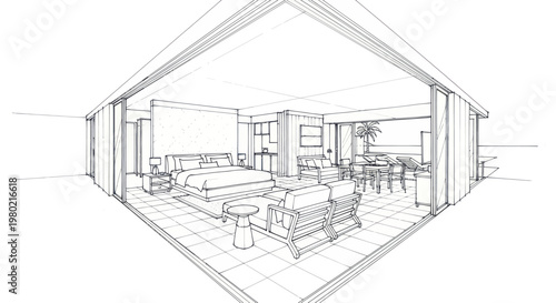 Detailed Architectural Sketch of a Modern Interior Space.