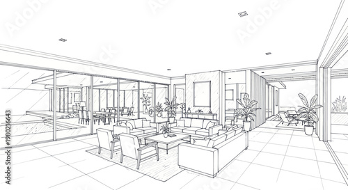 Detailed architectural sketch of a modern living room interior.