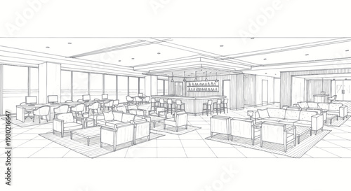 Detailed architectural sketch of a modern lounge bar interior.