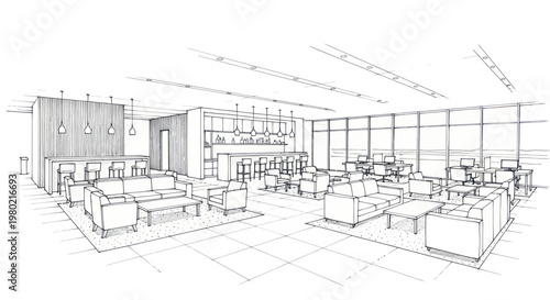 Detailed architectural sketch of a modern lounge interior with seating and bar area.
