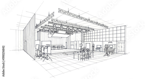 Detailed architectural sketch of a modern television studio interior.