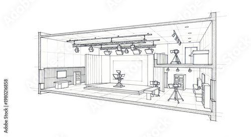Detailed architectural sketch of a modern television studio setup.