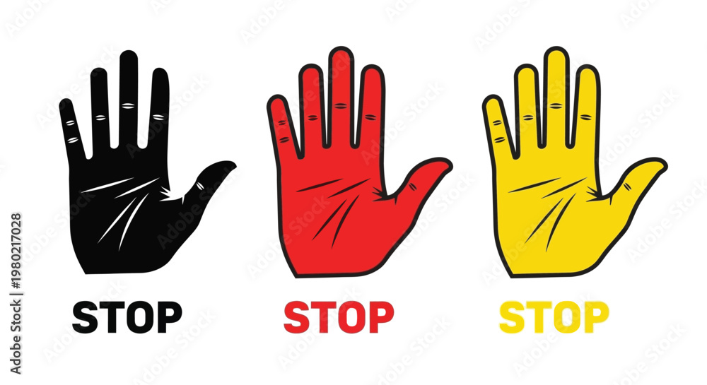 Fototapeta premium Three hands in different colors black red and yellow are shown with the word stop underneath each