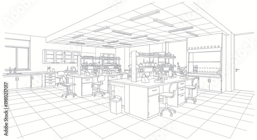 Detailed Line Drawing of a Modern Science Laboratory Interior.