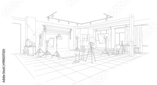 Detailed Line Drawing of a Professional Photography Studio Setup.