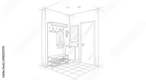 Detailed sketch of a modern entryway with coat rack and shoe storage.