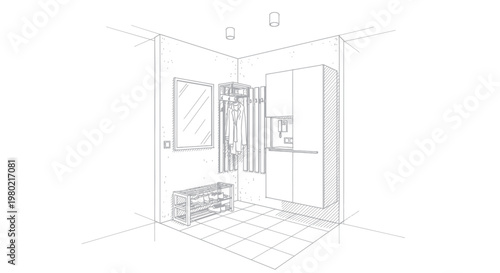 Detailed sketch of a modern entryway with storage and mirror.