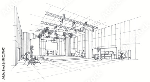Detailed Sketch of a Modern Event Stage with Lighting Trusses and Equipment.