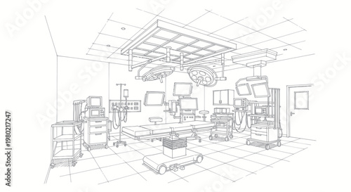 Detailed sketch of a modern operating room with advanced medical equipment.
