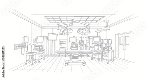 Detailed sketch of a modern operating room with advanced medical equipment.