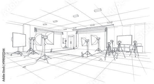Detailed sketch of a professional photography studio setup with various lighting equipment.