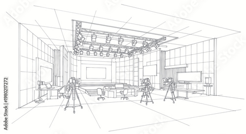 Detailed sketch of a modern television studio with cameras and lighting equipment.