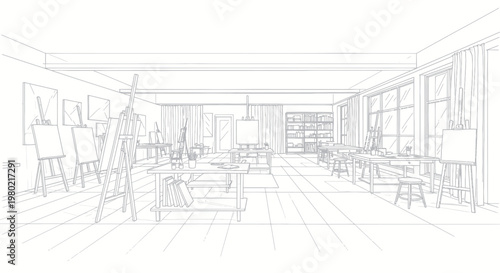 Detailed sketch of an art studio interior with easels and natural light.