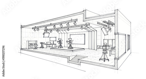 Detailed Sketch of a Professional Television Studio Interior.