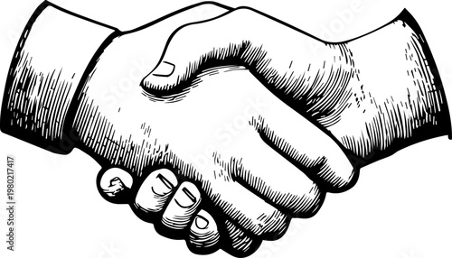 Hand Drawn Handshake Black and White Illustration in Minimal Line Art Style Design