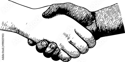 Hand Drawn Handshake Black and White Illustration in Minimal Line Art Style Design