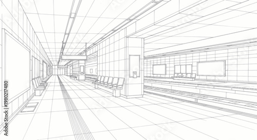 Detailed wireframe drawing of a modern subway station platform with seating and advertising spaces.