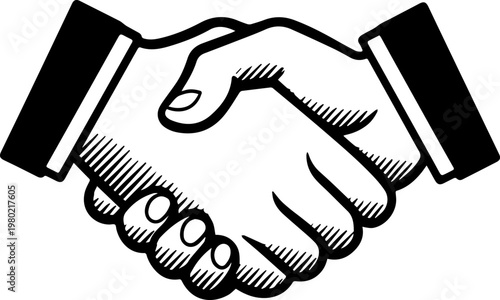 Hand Drawn Handshake Black and White Illustration in Minimal Line Art Style Design