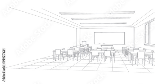Empty Classroom with Desks and Whiteboard Sketch.