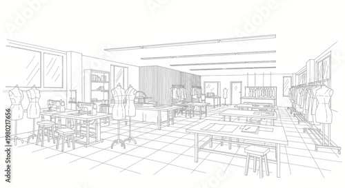Fashion Boutique Interior Sketch with Mannequins and Clothing Racks.