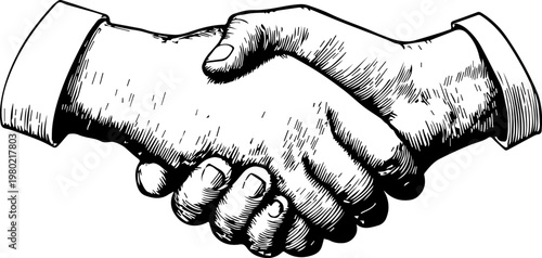 Hand Drawn Handshake Black and White Illustration in Minimal Line Art Style Design