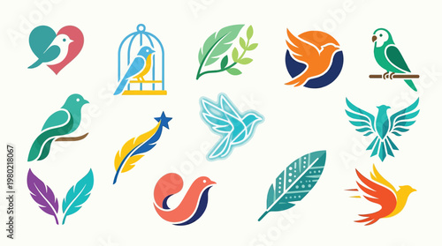 A collection of diverse bird logos and icons, featuring various artistic styles and representations of birds, feathers, and nature elements.