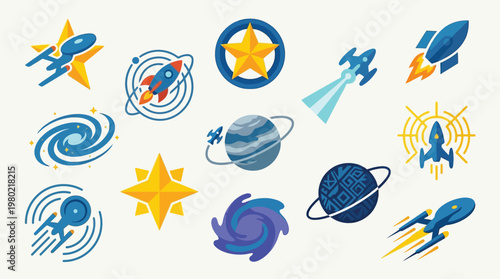 A collection of stylized icons representing space exploration, including rockets, starships, planets, galaxies, and stars.