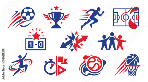 Collection of dynamic sports icons and symbols representing various athletic activities and achievements in red and blue.