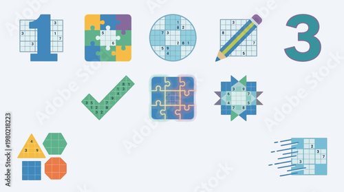 A collection of colorful icons representing puzzles, logic games, and geometric shapes on a light blue background.