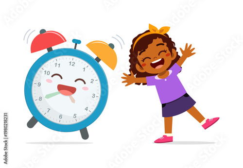 Happy African American girl stretching excitedly next to smiling ringing alarm clock