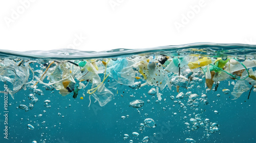 A dense accumulation of various plastic waste items floats on the surface of clear blue water creating a significant environmental hazard and pollution ocean pollution environmental disaster