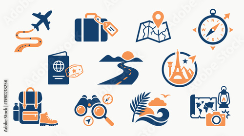 A collection of travel-themed icons, including an airplane, suitcase, map, compass, passport, road, Eiffel Tower, backpack, binoculars, and a beach scene.