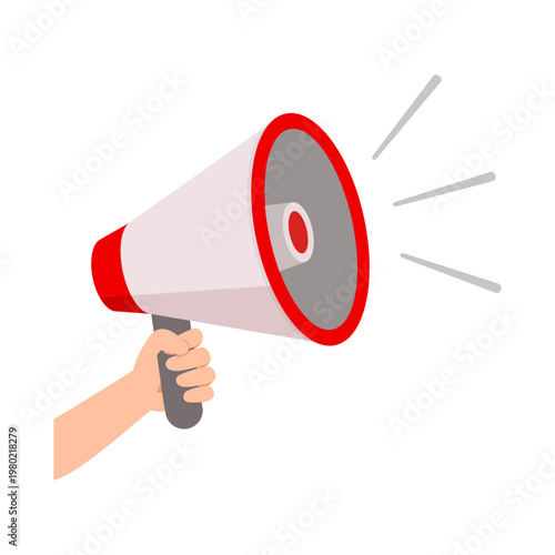 Canvas Print Human hand holding a white and red megaphone making an important announcement wi
