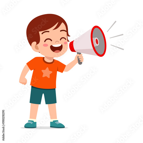 Happy boy cartoon character cheerfully shouting into a megaphone with a big smile and excited eyes