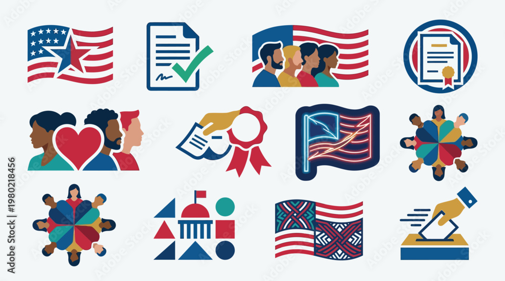 Fototapeta premium Collection of diverse icons representing American democracy, voting, civic engagement, and community.