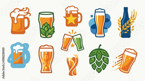 Collection of stylized icons representing various types of beer, including glasses, mugs, bottles, and hops, suitable for branding or design elements.
