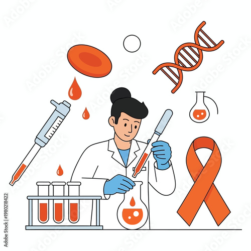 Female scientist working in laboratory with blood samples and orange awareness ribbon vector illustration.