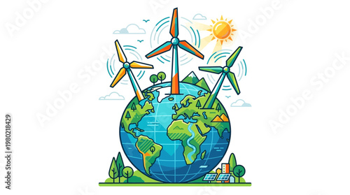 Wind Turbines Around the Earth Globe.