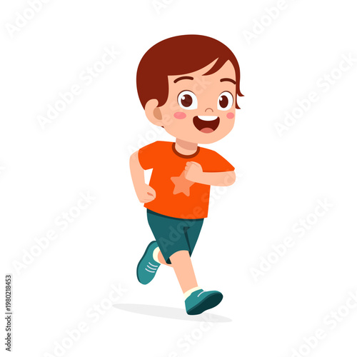 Happy young Asian boy cheerfully smiling while running forward in an orange t-shirt and blue shorts