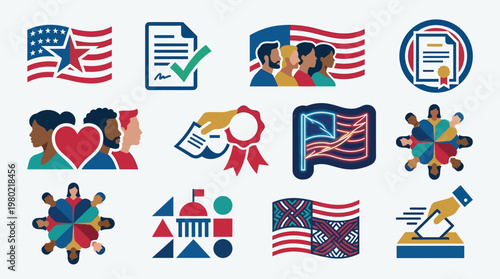 Collection of diverse icons representing American democracy, voting, civic engagement, and community.