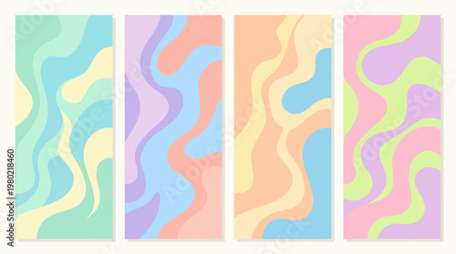 Set of Five Pastel Wavy Panels with Organic Fluid Shapes.