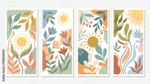 Set of Four Vertical Pastel Botanical Panels with Stylized Flowers.
