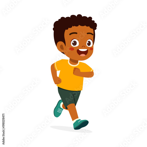 Happy dark skinned boy running with a big smile and energetic mood wearing casual clothes