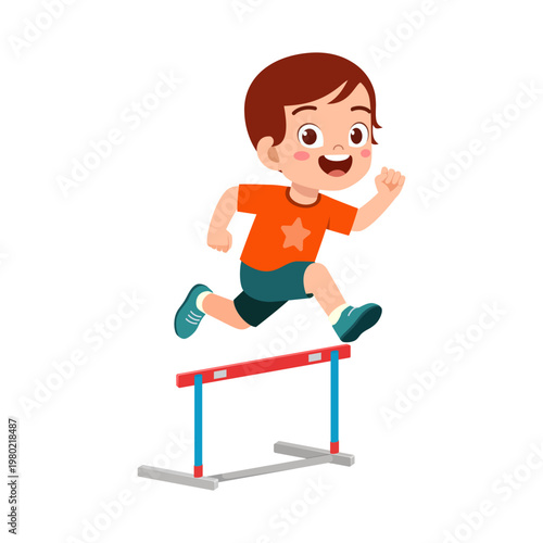 Happy cartoon boy jumping over a red hurdle obstacle with a joyful smiling expression