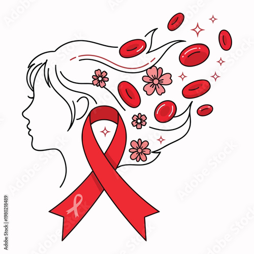 Woman silhouette with red blood cells and awareness ribbon for health education and prevention.