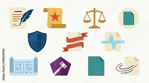 Collection of legal and governmental icons representing documents, justice, and official seals.