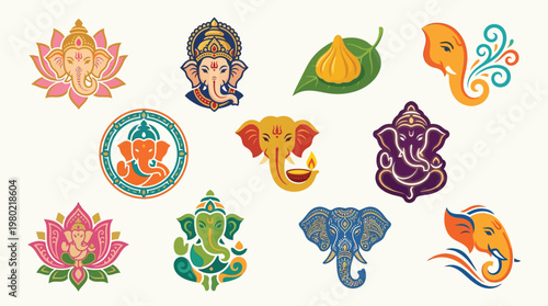 A vibrant collection of artistic illustrations featuring Lord Ganesha, the Hindu deity, in various colorful and decorative forms.