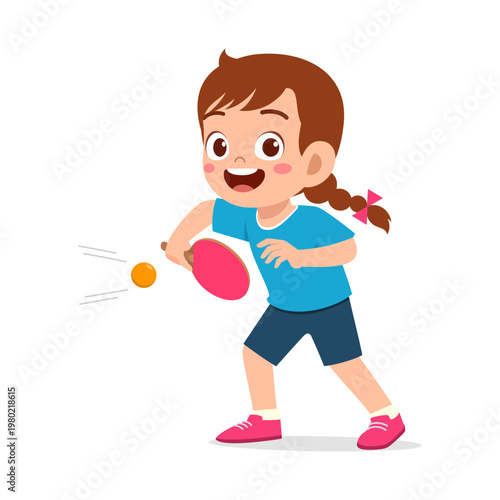Happy little girl smiling playing table tennis hitting the ball with a pink paddle dynamic cartoon illustration