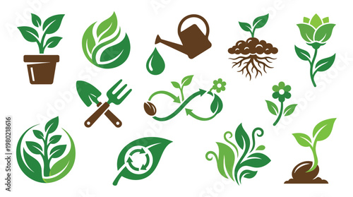 Collection of various green plant and gardening icons, illustrating growth, nature, and sustainability.